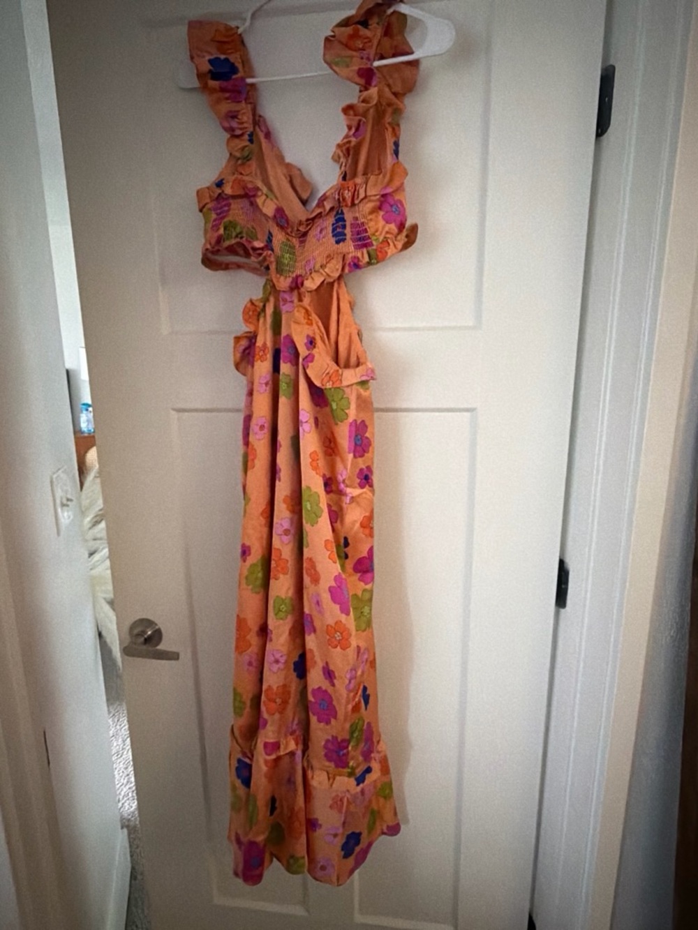 Show Me Your MuMu Orange Floral Ruffle Maxi Dress with Pink & Green Accents